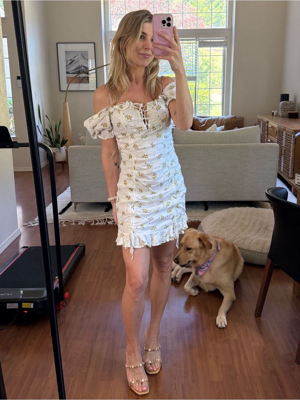 White Mini Dress with Yellow Floral Print